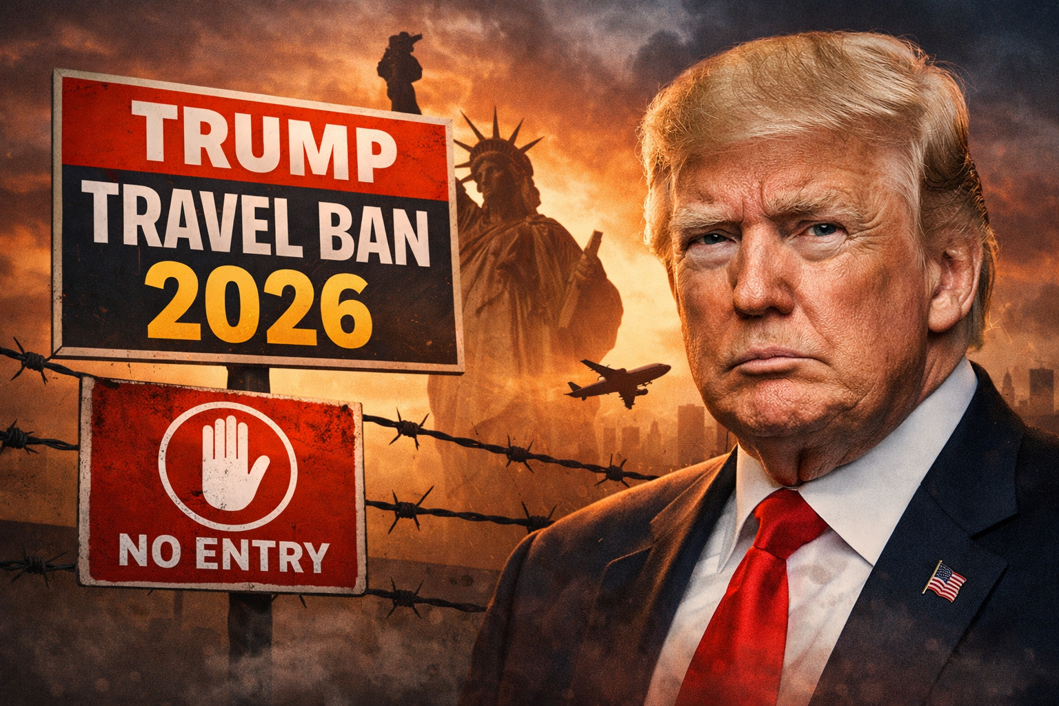 Trump Travel Ban 2026 - No Entry sign with barbed wire