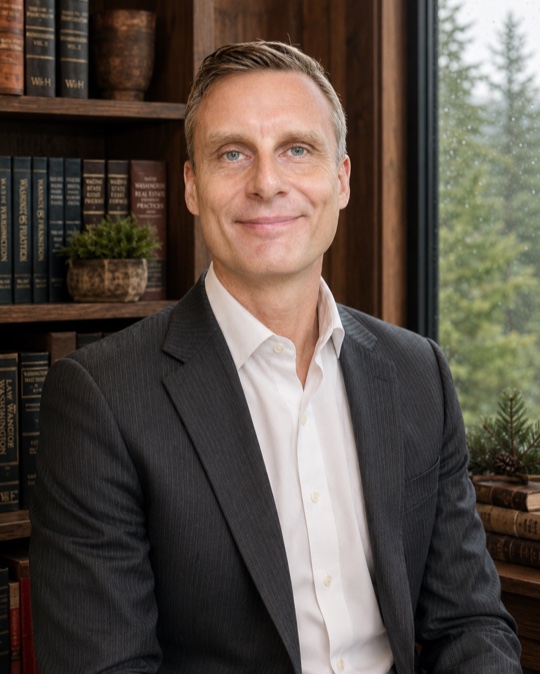 Sergei Tokmakov, California attorney, in a Pacific Northwest law office with law books and an evergreen-lined window.