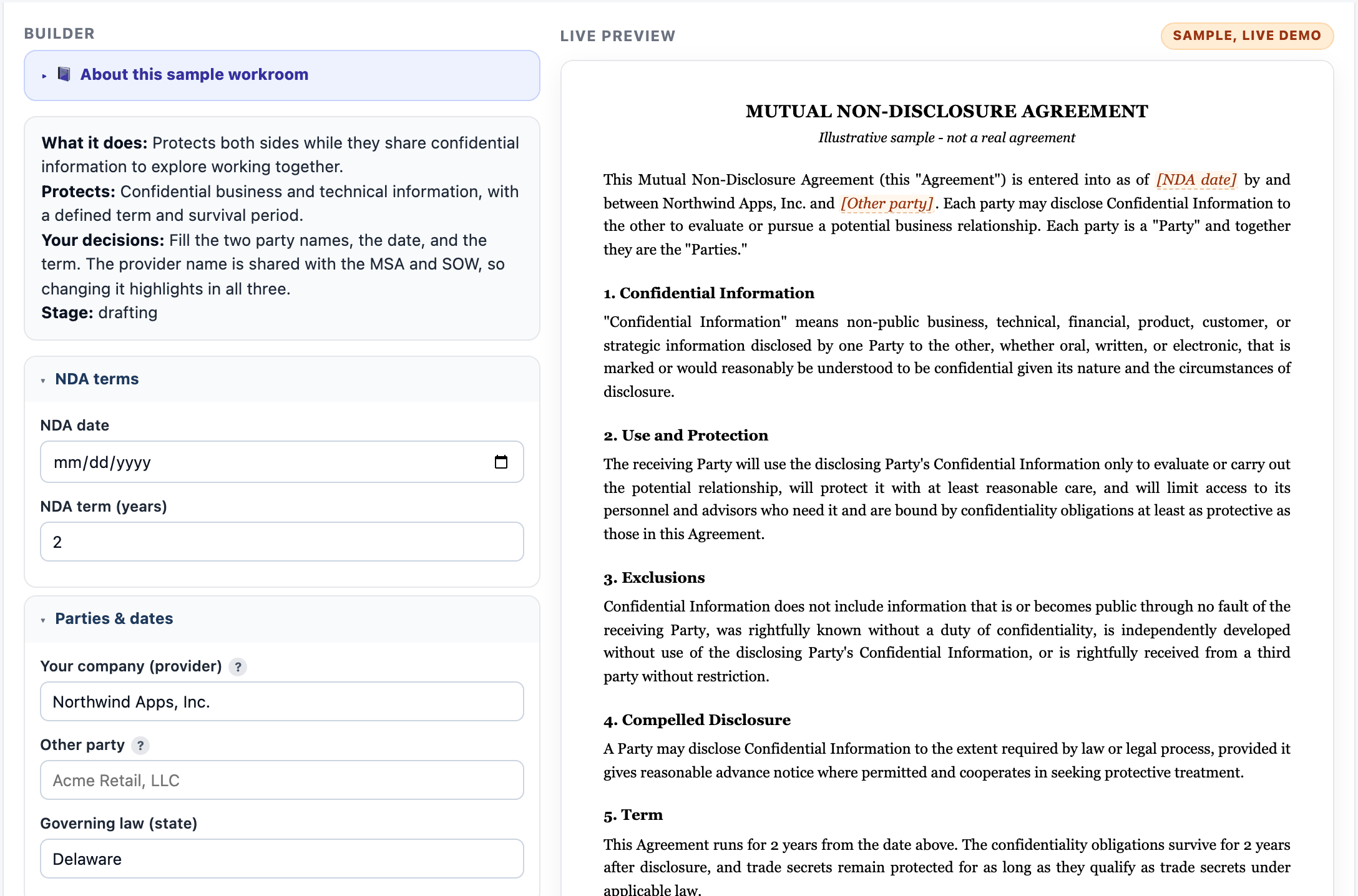 Contract workroom demo: builder fields on the left, live contract preview on the right