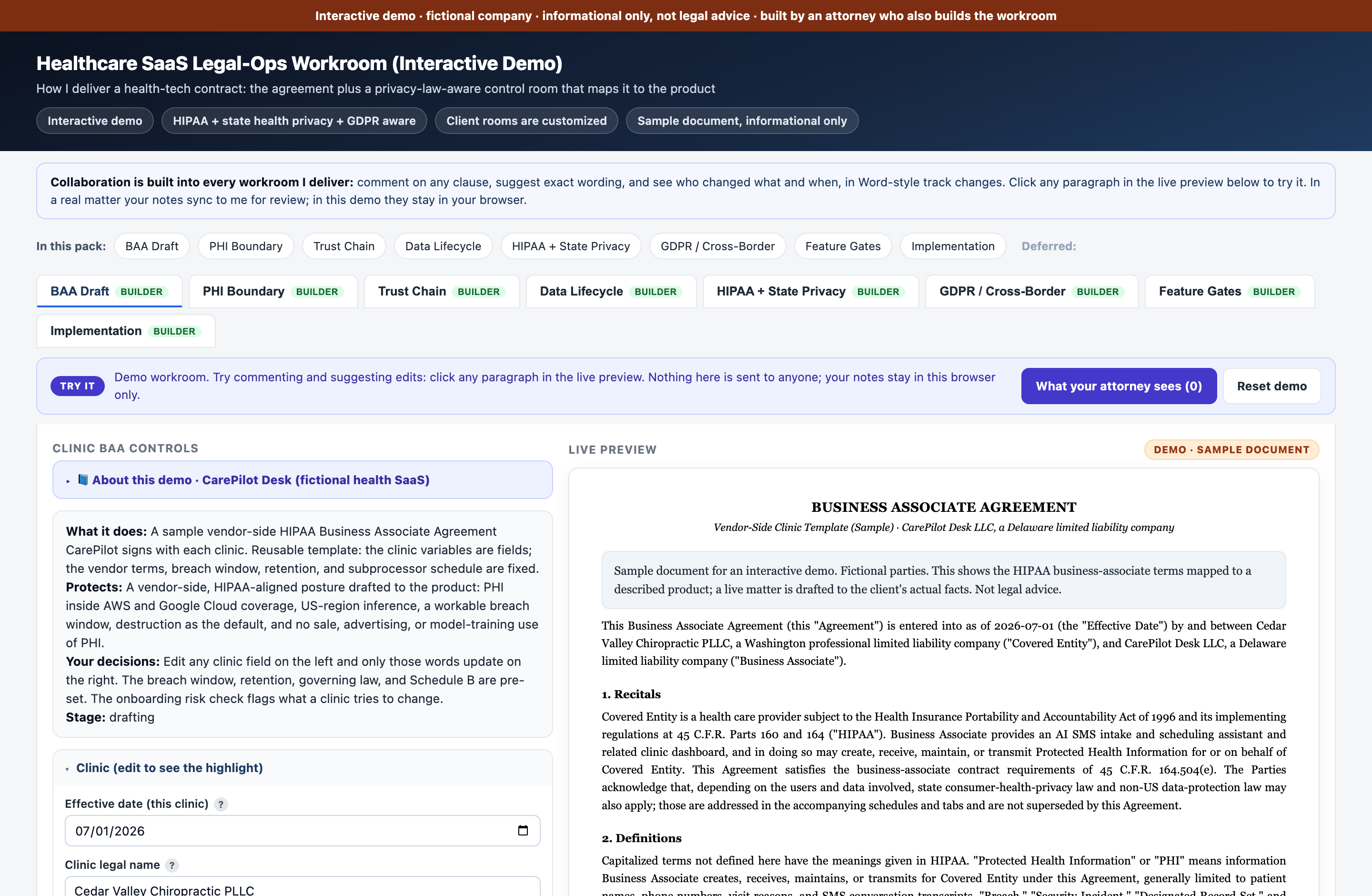 Healthcare SaaS legal workroom demo: a HIPAA business associate agreement in the live preview next to the clinic BAA controls, with PHI boundary, data lifecycle, and state-privacy tabs