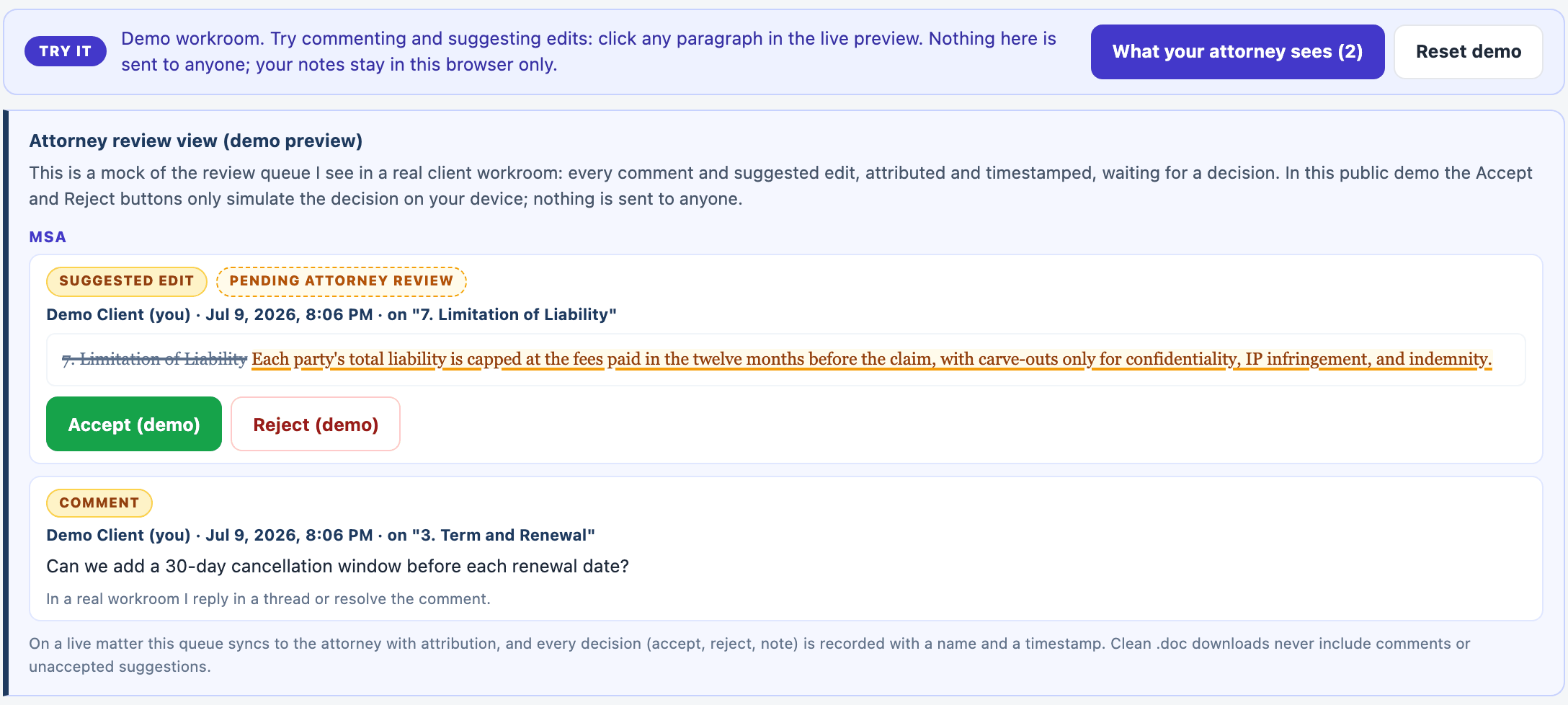Attorney review queue showing an attributed suggested edit and a clause comment with timestamps