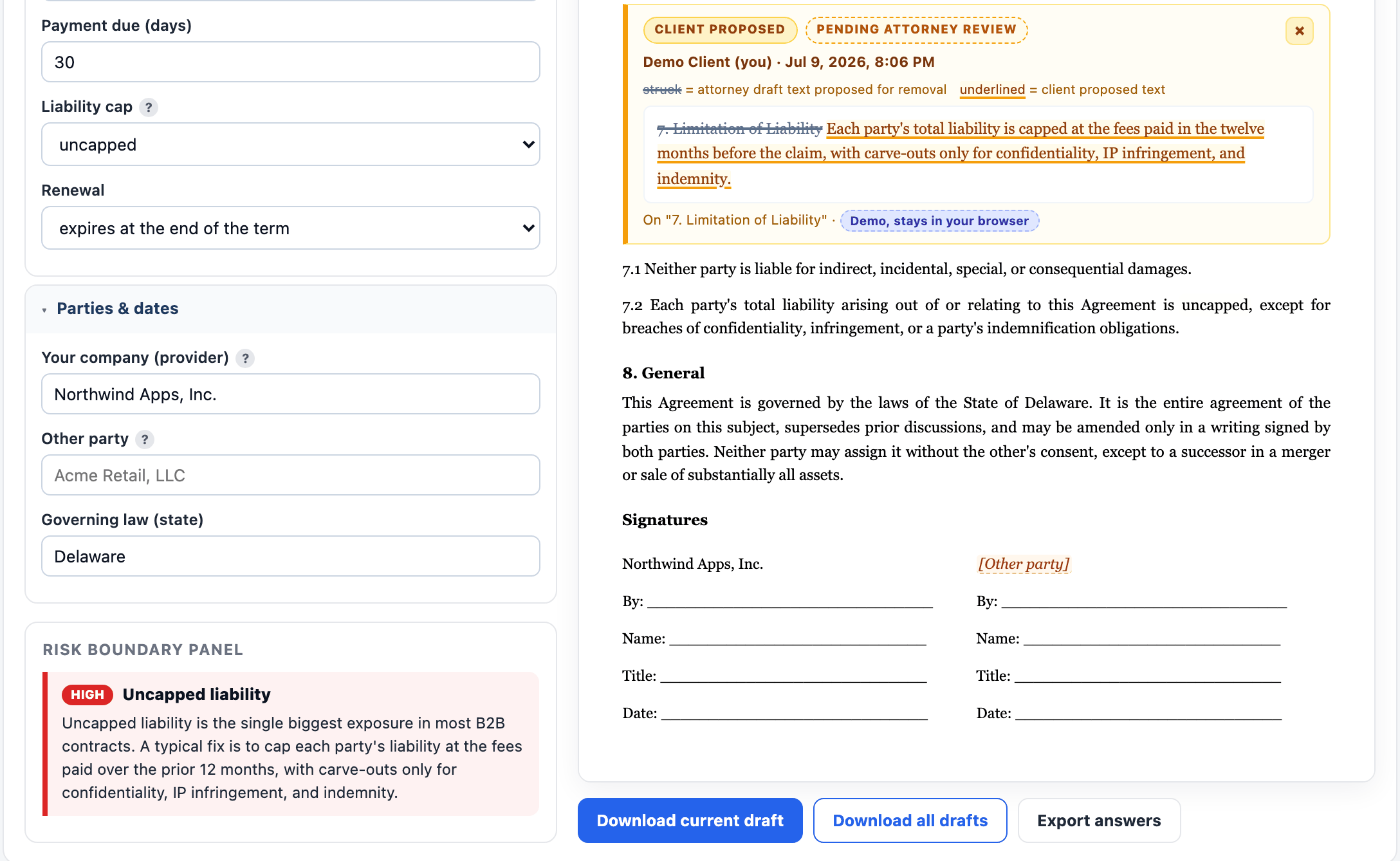 Suggested edit rendered as track changes next to a high-severity risk note explaining uncapped liability